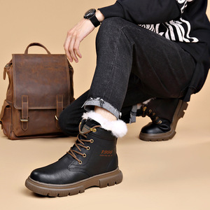 Bottes d'hiver pour hommes, semelle épaisse, doublure en laine chaude, résistantes au froid, talon moyen, lacets avant, couleur unie - Product Image 1