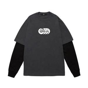 Camiseta de manga larga de doble capa con logotipo de impresión personalizada de High Street, camisetas Vintage de talla grande para hombre - Product Image 3