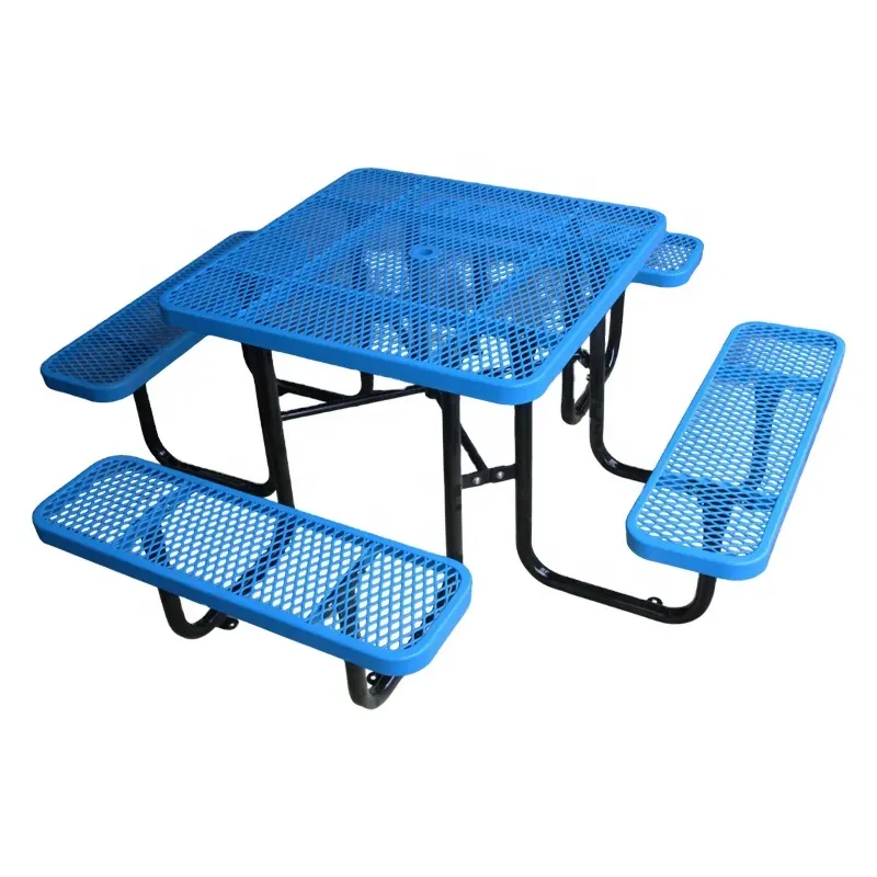 Mesa y Banco redondos de acero termoplástico de 46 "comercial para exteriores, muebles de exterior, mesa de comedor de Metal, silla con paraguas
