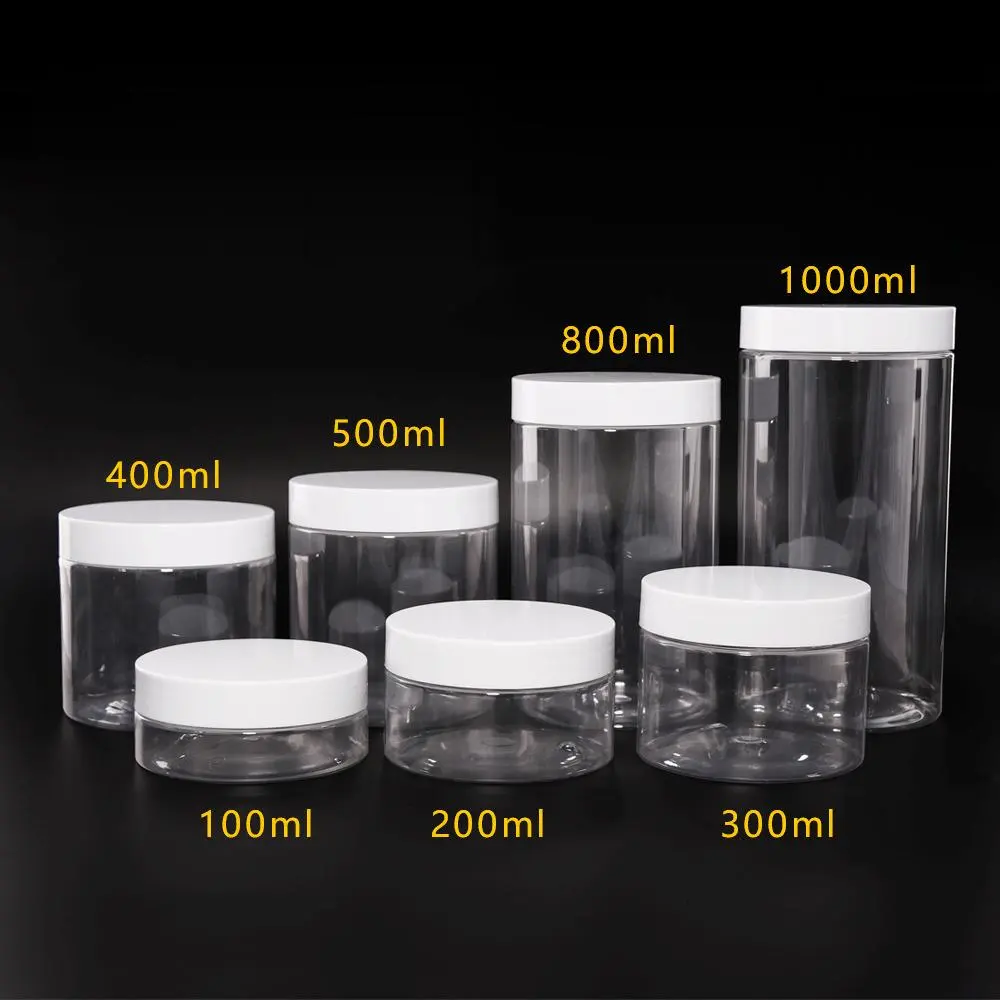 高品質92mm 100/200/300/400/500/800/1000ml PET BPAフリーラウンド透明食品ジャー透明プラスチックジャー蓋付き