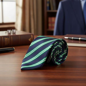 Italian Jacquard Woven <b>Tie</b> Handmade <b>Navy</b> Blue Green Striped Design Premium <b>Ties</b> & Accessories - Product Image 3
