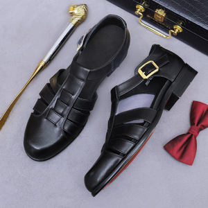 Summer Baotou flip-flops, retro <b>matte</b> leather, genuine leather flip-flops with buckle, men's slip-on shoes - Product Image 4