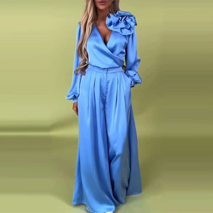 Ensemble pantalon large en satin à col en V et manches longues pour femme, bleu, tailles S, M, L, XL, 2XL, 3XL, 4XL, 5XL, style décontracté, Europe et Amérique - Product Image 1