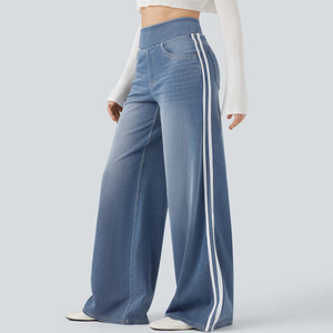 Jean évasé vintage <span class=keywords><strong>bleu</strong></span> délavé pour femme, coupe <span class=keywords><strong>ample</strong></span>, taille élastique, en tissu Oxford anti-plis, idéal pour l'été - Product Image 1