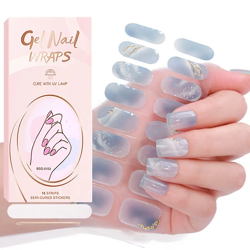 Nova moda de adesivos de unhas em gel com desenho de coração, pacote personalizado de esmalte, tiras de cores populares semi-curadas para unhas