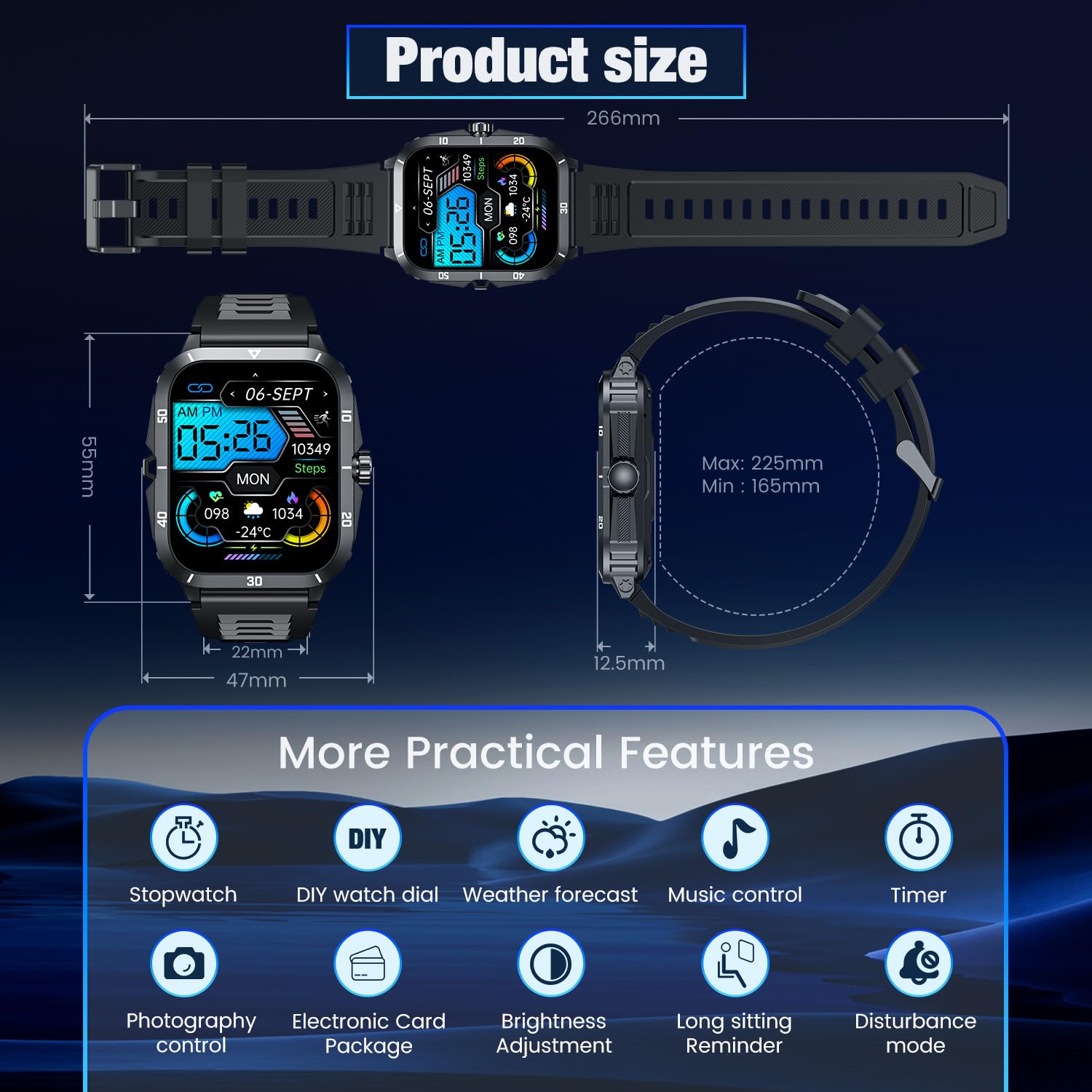 שעון יד 2.0 אינץ' עמיד למים דרופשיפינג עם מענה לשיחות אנדרואיד iOS שעון חכם ספורט חיצוני לגברים שעון חכם כושר