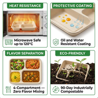 Boîte à lunch rigide à 4 compartiments en bagasse de canne à sucre, écologique, biodégradable, micro-ondable, avec partitionnement des nutriments