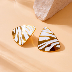 Geometric Triangle Stud Earrings Gold White Zebra Pattern Stainless Steel Party Jewelry E6069 - Product Image 2
