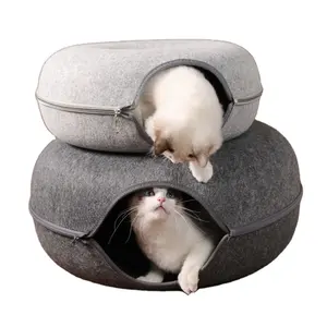 New design four seasons available round gray cat cave bed with cat tunnel