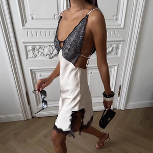 Vestido de noche ajustado para mujer, estilo europeo y americano, sexy, con encaje, escote en V, espalda descubierta, mini vestido. - Product Image 3