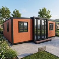 Maisonnette Extensible à Double Aile, Lodge Conteneur Préfabriqué Premium Extensible, Hébergement Mobile de Vacances avec Mur en Verre