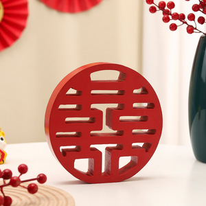 Decoración de madera Kch con doble símbolo de la felicidad, rojo, cuadrado y redondo, para bodas y habitaciones nupciales - Product Image 3
