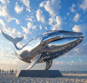 Sculpture paysagère moderne géante en acier inoxydable soudé, motif baleine en maille creuse, personnalisée, pour monument urbain et espace frontalier - Product Image 1