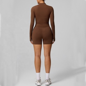 Completo da Corsa da Donna 2 Pezzi Traspirante Effetto Nudo, Set Giacca a Maniche Lunghe e Pantaloncini Elasticizzati per Allenamento e Yoga - Product Image 2