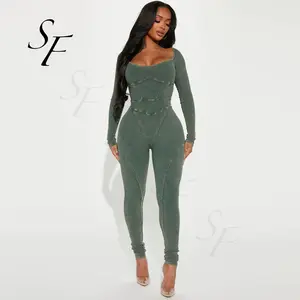 Hot Selling Großhandel U-Ausschnitt Langarm Korsett Legging Stretch Baumwolle Spandex Olive gerippt Bodycon sexy Overall für Frauen