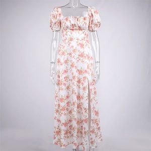 Abito Lungo Estivo da Donna con <span class=keywords><strong>Spalle</strong></span> <span class=keywords><strong>Scoperte</strong></span>, <span class=keywords><strong>Maniche</strong></span> Corte a Sbuffo, Allacciatura, Motivo Floreale e Spacco, Elegante e Casual in Diversi Colori - Product Image 5