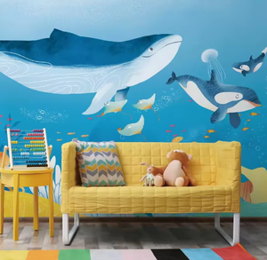 Papel Tapiz Mural Personalizado Impreso en 3D Ecológico con Diseño de Mundo Submarino, <span class=keywords><strong>Ballena</strong></span> <span class=keywords><strong>Azul</strong></span>, Pez, Delfín, Animales, para Habitación Infantil - Product Image 1