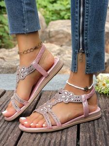 Sandales plates pour femmes, décor floral en strass, bout ouvert, sangle élastique à la cheville, chaussures de plage d'été - Product Image 3