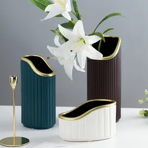 Vasos de cerâmica de luxo, vasos decorativos irregulares com aro dourado para sala de estar, jarro de cerâmica