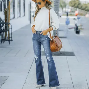 Оптовая продажа, Модные женские свободные рваные Брюки-клеш большого размера, женские джинсы с низкой посадкой