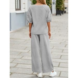 Fisoew Womens 2 Piece <b>Tracksuit</b> Set V Neck Top Wide Leg Pants Loose Casual Workout Outfit Adult Size - Product Image 5