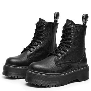 Bottes locomotive à semelle épaisse à 8 trous avec fermeture éclair latérale pour femme Bottes courtes laquées à motif lotus - Product Image 4