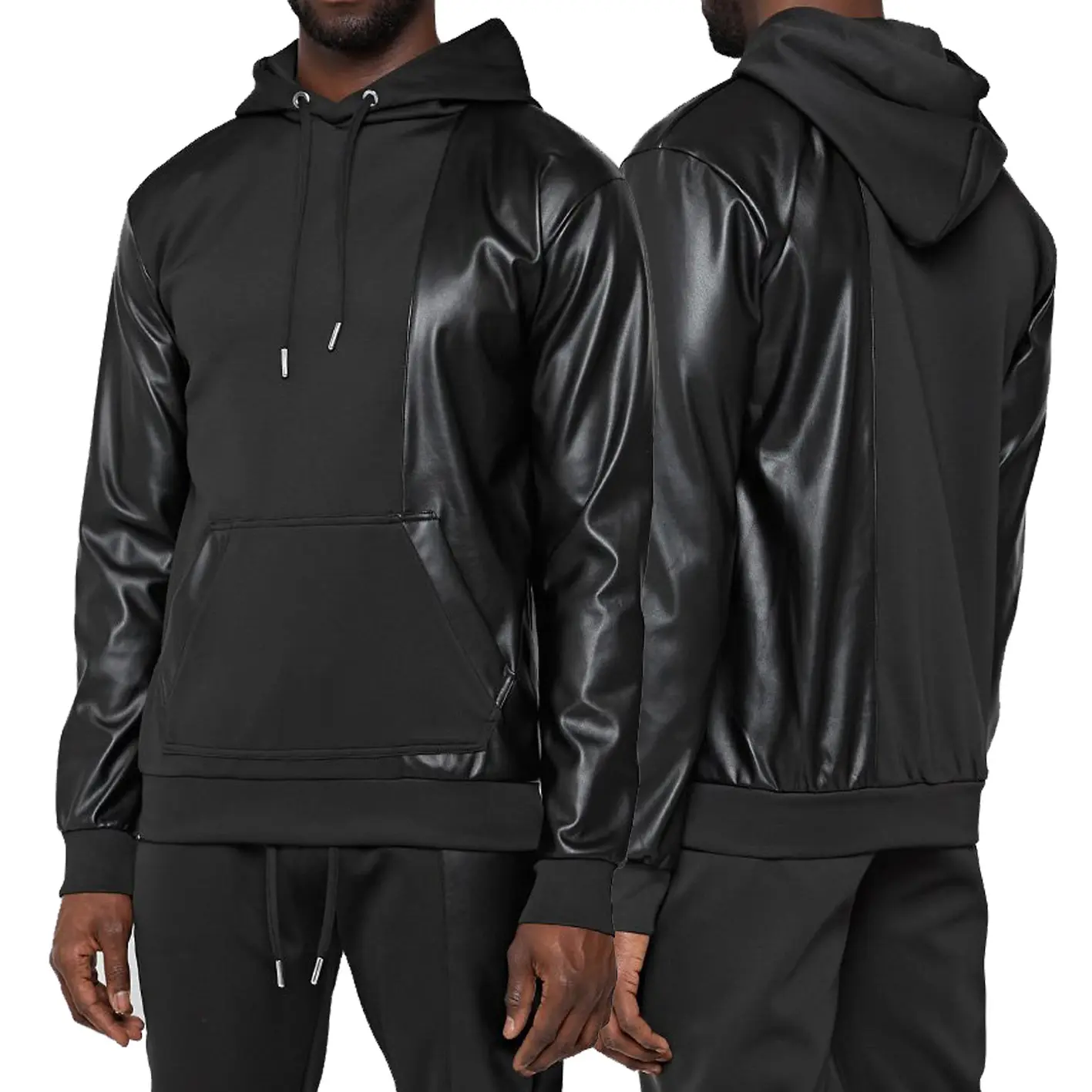 high quality black polyester kangaroo pockets with leather detail sleeve panelled hoodie men fashion hooded pullover sweatshirts