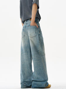 Jeans Homme Délavés Bleus Taille Mi-Haute Amples Droits Jean Denim Décontracté Américain Jeans Amples Homme - Product Image 3