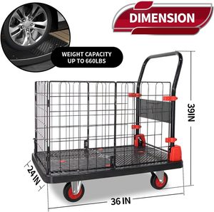 2 In 1 Opvouwbare Platform Trolley Met Gesloten Kooi Zware Opvouwbare Flatbed Dolly Kar Handwagen Met Kooien Voor Watervat - Product Image 3