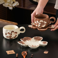 Tasse à café et soucoupe en céramique vintage à effet de four, motif floral, pour le thé de l'après-midi, exquise, gaufrée, façonnée à la main, irrégulière