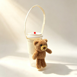 Sac porte-gobelet réutilisable avec pendentif ours en peluche mignon, sac de transport en toile pour boissons à emporter en extérieur - Product Image 1