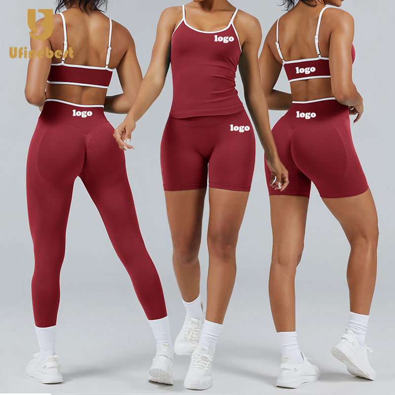 Seamless 2 Piece Color-blocking Stripes Women's High Waist Workout Leggings Gym Fitness Bra Sets Sportswear Yoga Set