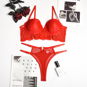 Wholesale V-neck Solid Color Lingerie <b>Set</b> <b>Sexy</b> Lace Embroidery 2 Piece <b>Bra</b> and Thong <b>Set</b> - Product Image 4