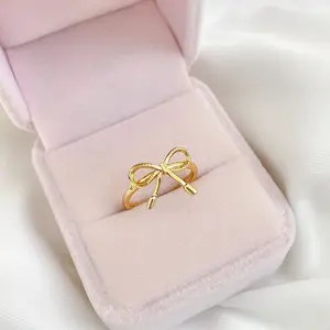 fashion jewelry finger rings women waterproof 18k gold plated adjustable size sweet bow rings for girls