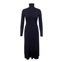 Autumn Winter Long Sleeve Ib Knitted Dress Women'S Solid Color Black High Necked Warm Casual Basic Sweater Dress