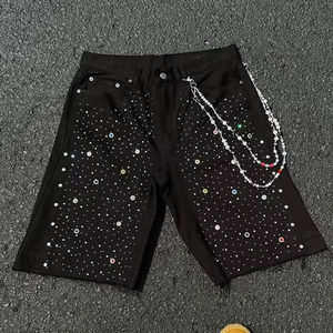 กางเกงขาสั้นผ้ายีนส์สำหรับผู้ชายกางเกงขาสั้นสตรีทแวร์หินไรน์สโตน - Product Image 4