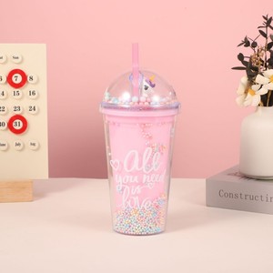 Trendy 450ml Five Shades Pastel Unicorn Love Quote Double Wall <b>Plastic</b> Straw Cup with Pastel Pom Pom Decor Dome Lid for Kawaii - Product Image 1