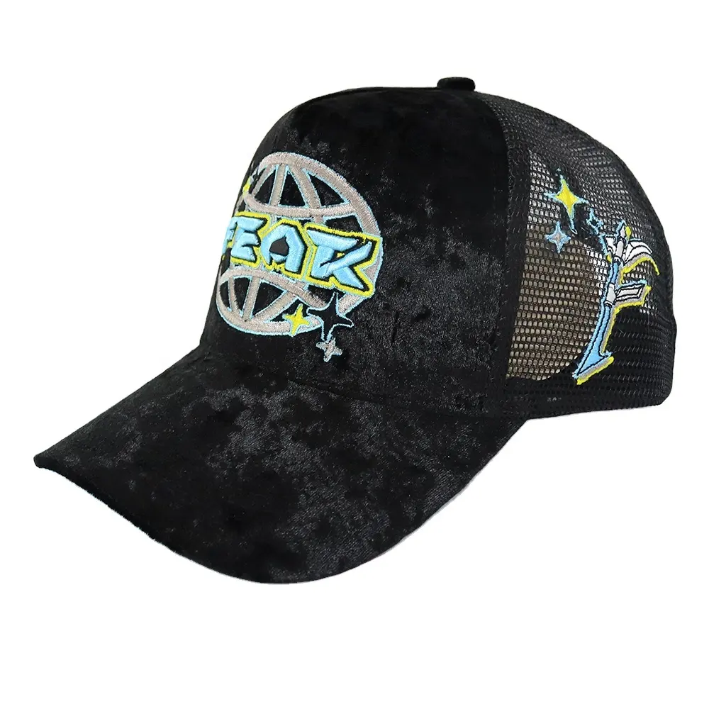 2022 OEM New Design High Quality Customized Velvet Trucker Cap With Embroidery Logo Branded Lining Black Cap Summer Hats