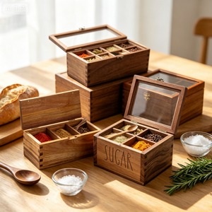 Scatola per <span class=keywords><strong>Spezie</strong></span> in Legno Multiforme, Organizzatore Esagonale e Rettangolare in Legno di Acacia con Coperchio per <span class=keywords><strong>Spezie</strong></span> da Cucina - Product Image 3