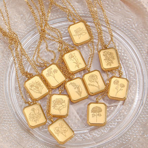 送货复古雕刻方形出生花吊坠项链18k镀金不锈钢塔罗牌项链 - Product Image 4