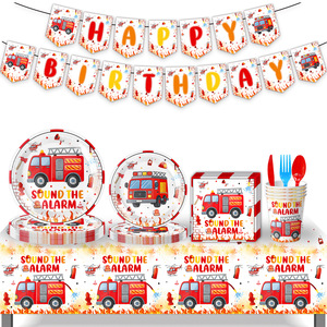 Fire Truck Party Supplies Birthday Decoration Set <b>Paper</b> Plates Cups <b>Tablecloth</b> Banner Disposable Kids 2-4 Years - Product Image 1