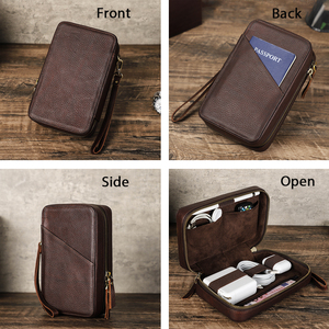 Sac de rangement pour câbles de voyage portable, boîte rétro en cuir pleine fleur tanné végétal, pochette technique pour accessoires électroniques - Product Image 2