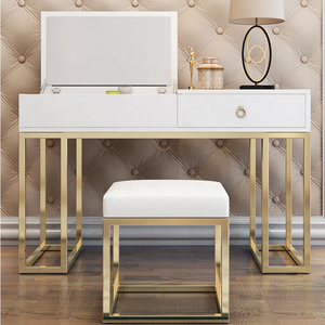 Nuovi disegni scrivania da trucco lucida con gamba in acciaio inossidabile dorato con specchio e sgabello set tavolo da trucco bianco - Product Image 3