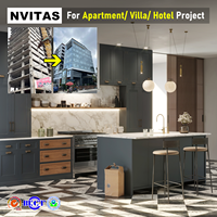 Meubles de cuisine modernes NVITAS en bois massif avec placage en verre stratifié blanc, îlot modulaire pour hôtel, appartement, villa, projet