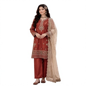 Traje Anarkali de Seda Naranja Bordado para Mujer, Vestido Tradicional Indio Pakistaní para Boda, Corte Regular, Largo hasta el Tobillo - Product Image 1