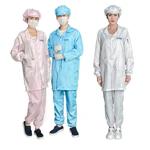 Fabriek 98% Polyester Esd Antistatische Cleanroom Kiel Blauwe Antistatische Laboratoriumjas Knielengte Pakken Met Drukknopen Bedekt