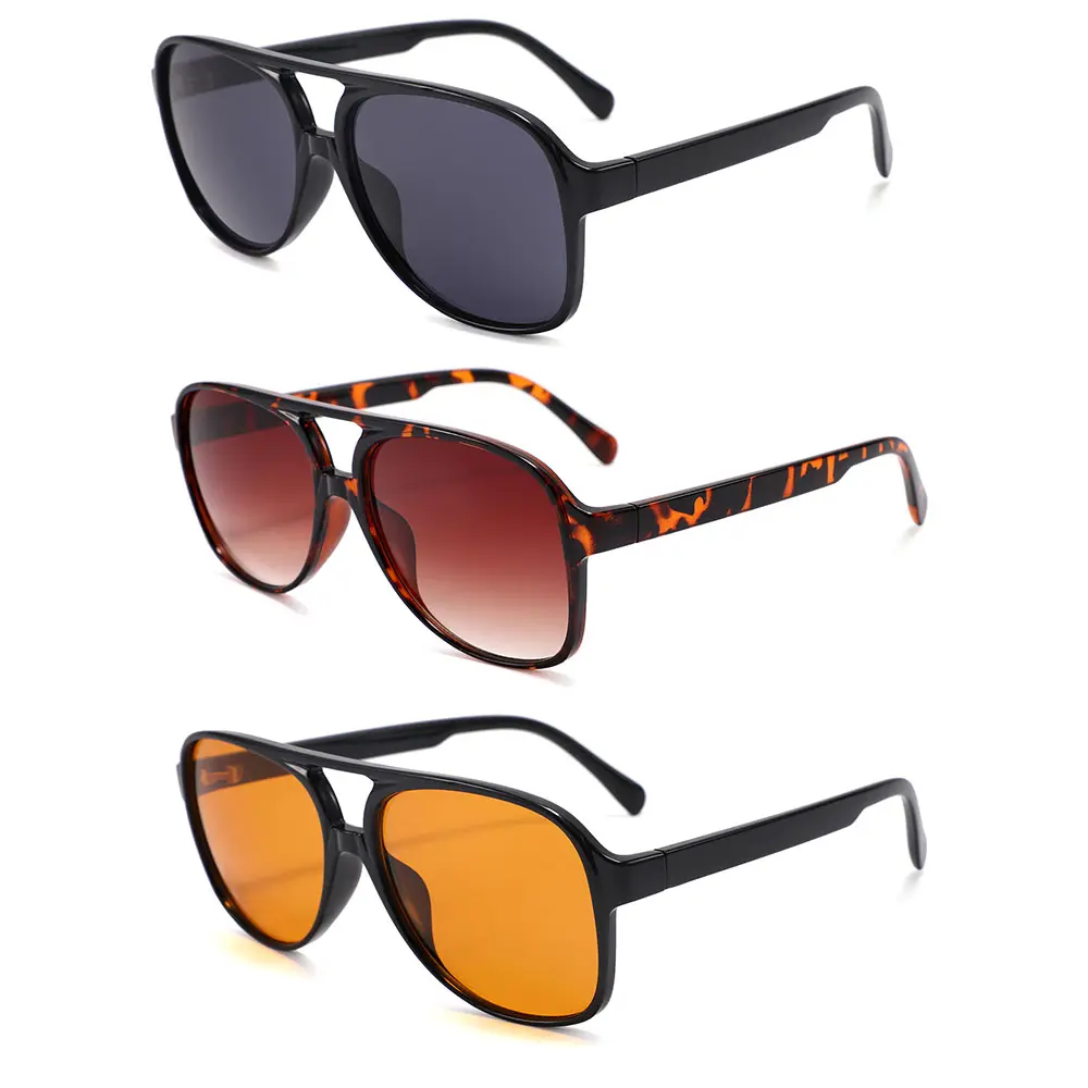 New Arrival Trending Sun Glasses Double Bridge Plastic Oversized Yellow Lens Aviation Sunglasses for Men