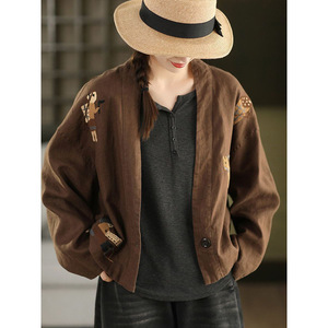 Women's Cotton Linen Cardigan Short V-Neck Embroidered Vintage Style Spring Autumn Wear Mosaic Green Coffee NX-323 - Product Image 3