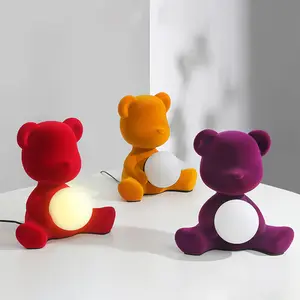 Polyresin Crafts Led Flocked Sitting Teddy Bear Figurine Lamp for Desk Room or Bedside Decor Gift for Girls