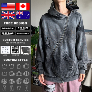 ผู้ผลิตเสื้อผ้า เสื้อฮู้ดดี้ผ้าเฟรนช์เทอร์รี่ 100% คอตตอน ทรงโอเวอร์ไซส์ สไตล์วินเทจ ล้างสีแบบแอซิดวอช ขาดๆ แบบดิสเทรส ซิปหน้า - Product Image 2